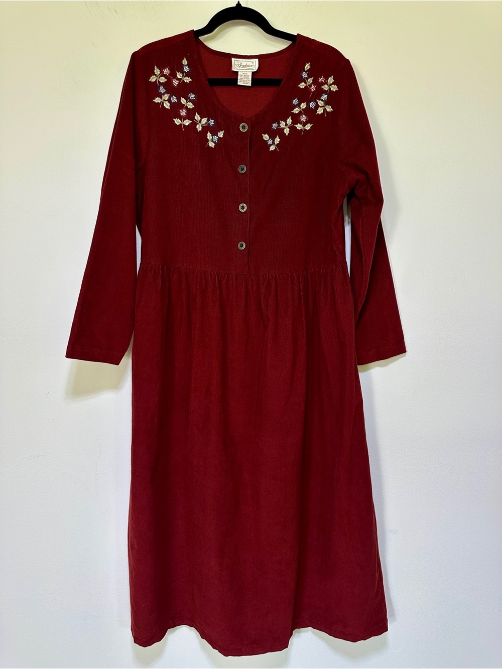 Vintage Tradition Burgundy Corduroy Floral Embroidered Dress Size L